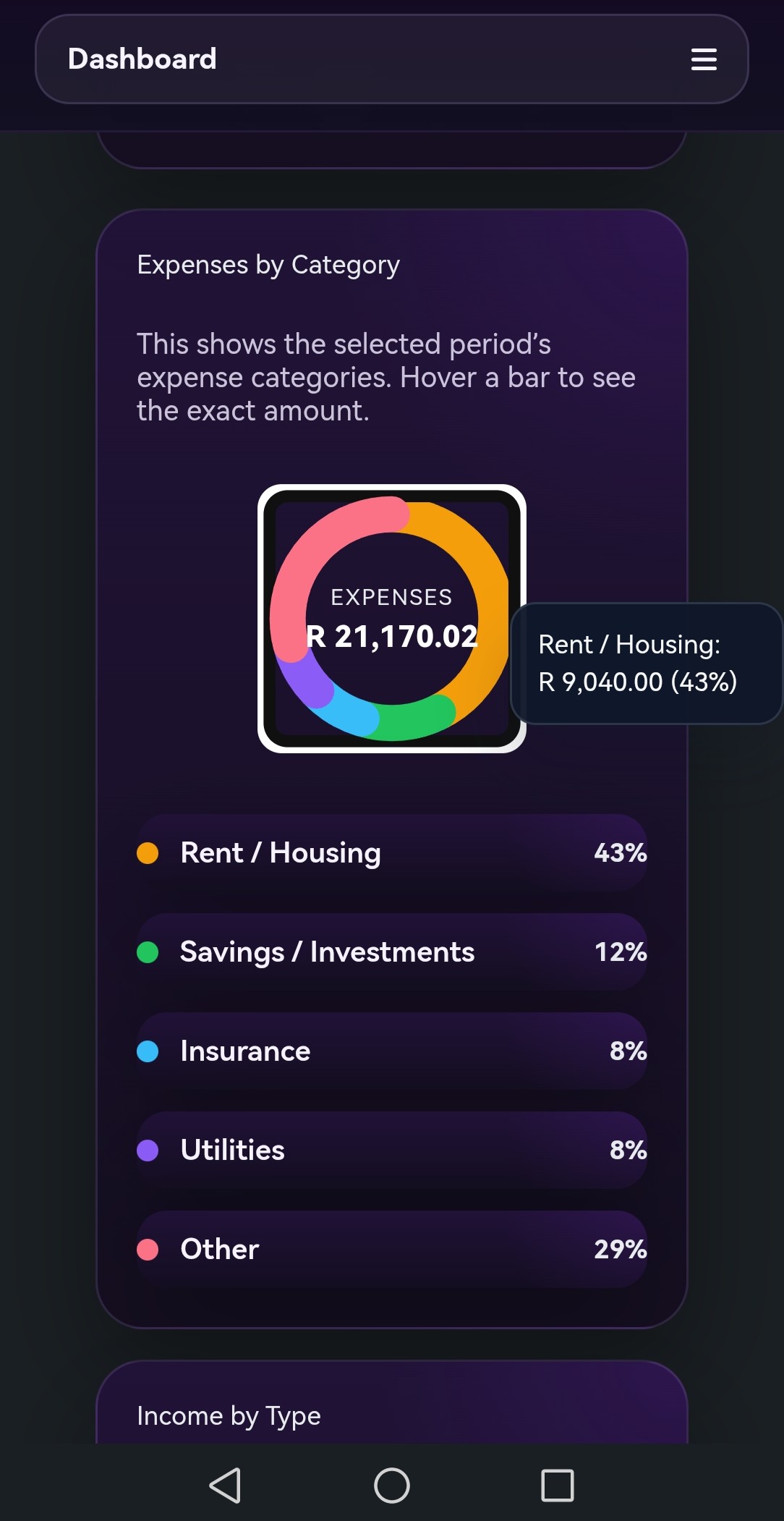 GrapeFinance mobile dashboard overview with balances and account insights.