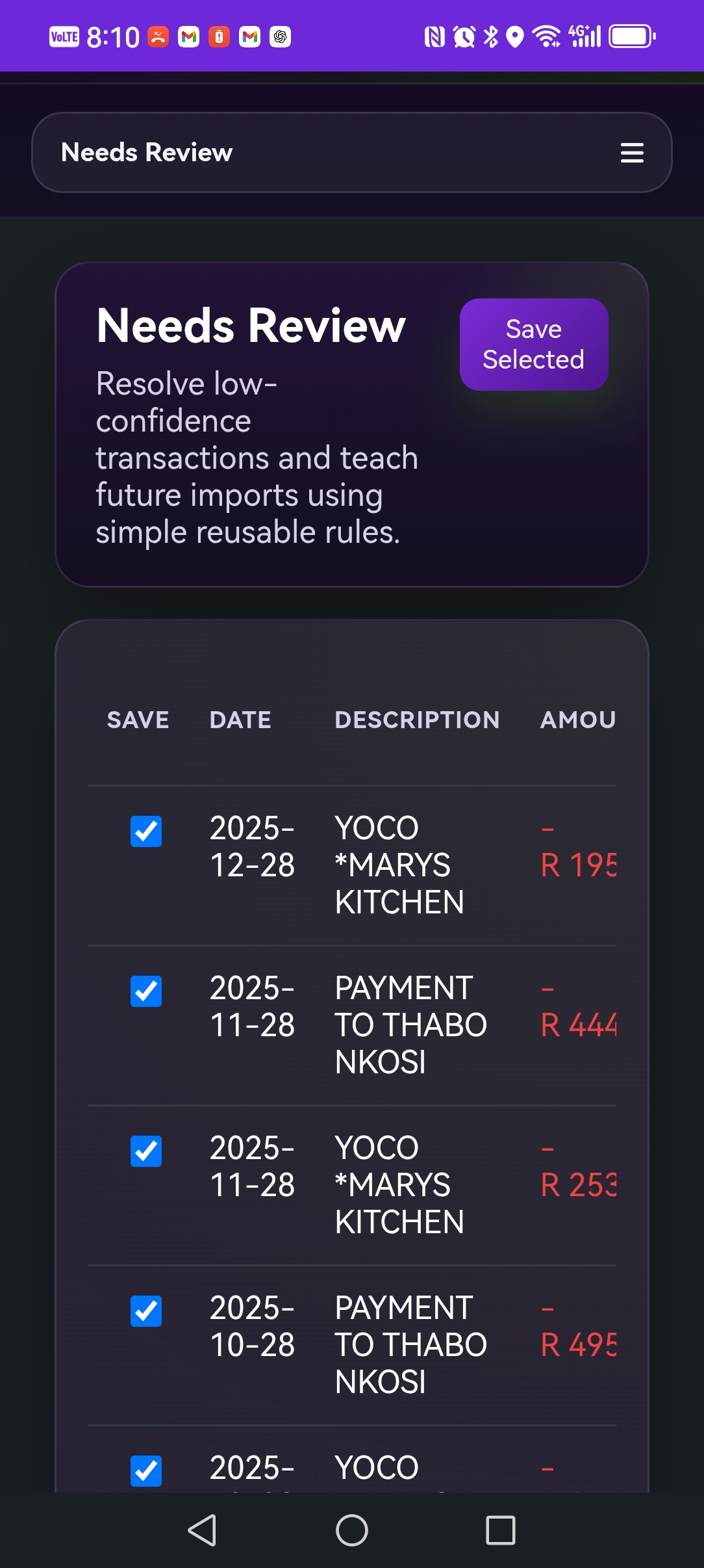 GrapeFinance mobile statement and category workflow preview.