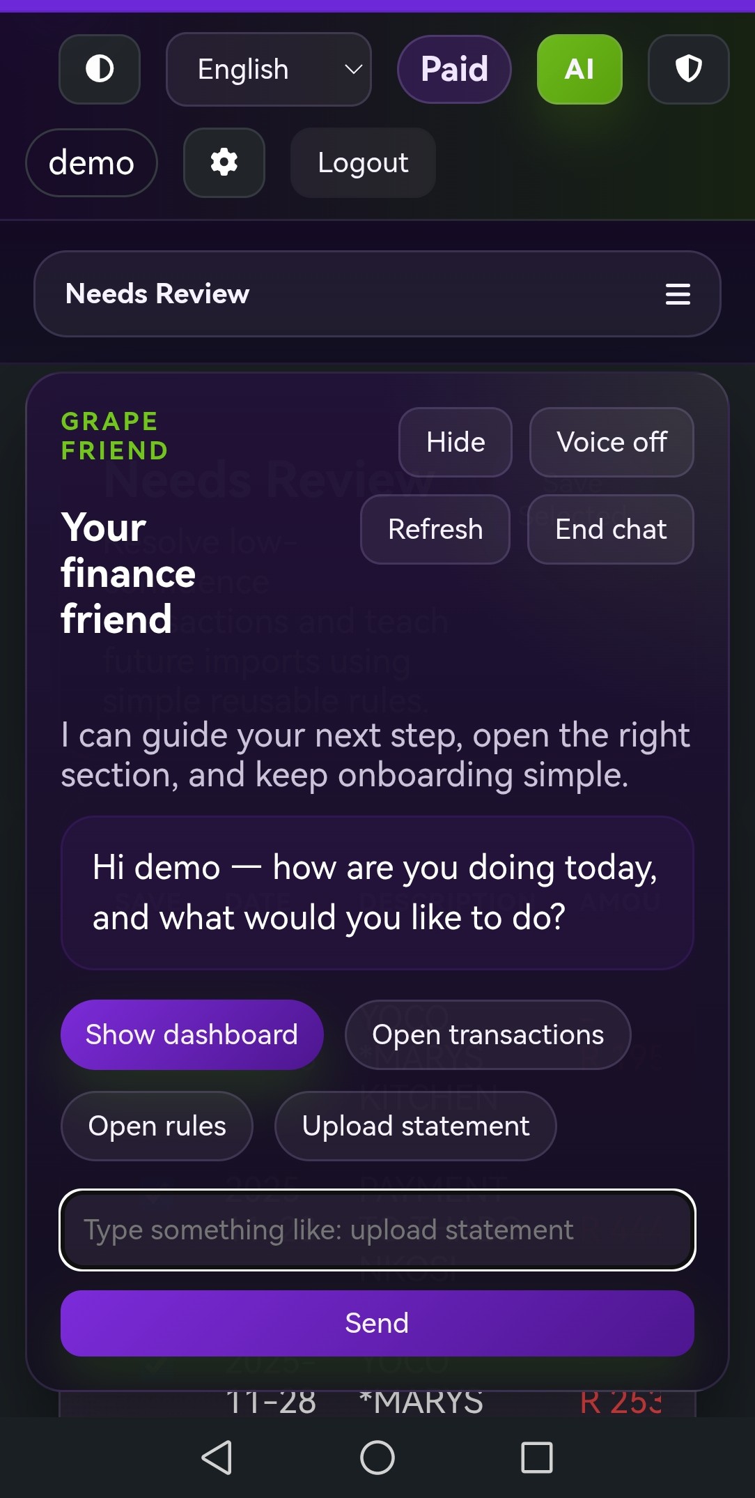 GrapeFinance mobile account insights screen preview.