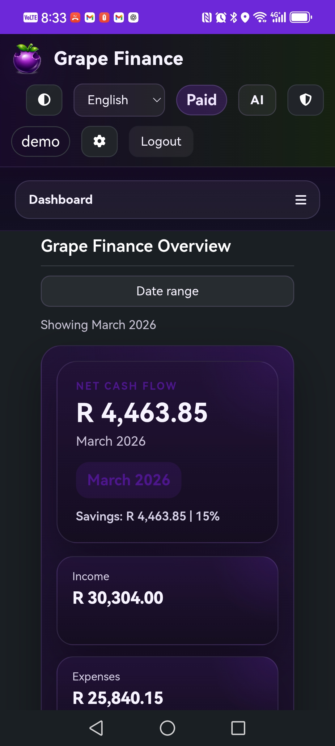 GrapeFinance mobile transaction detail screen preview.