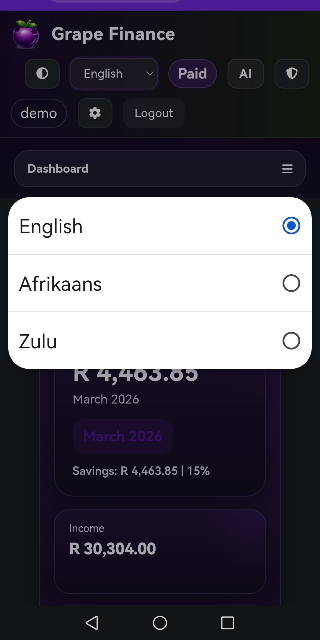 GrapeFinance mobile summary screen preview.