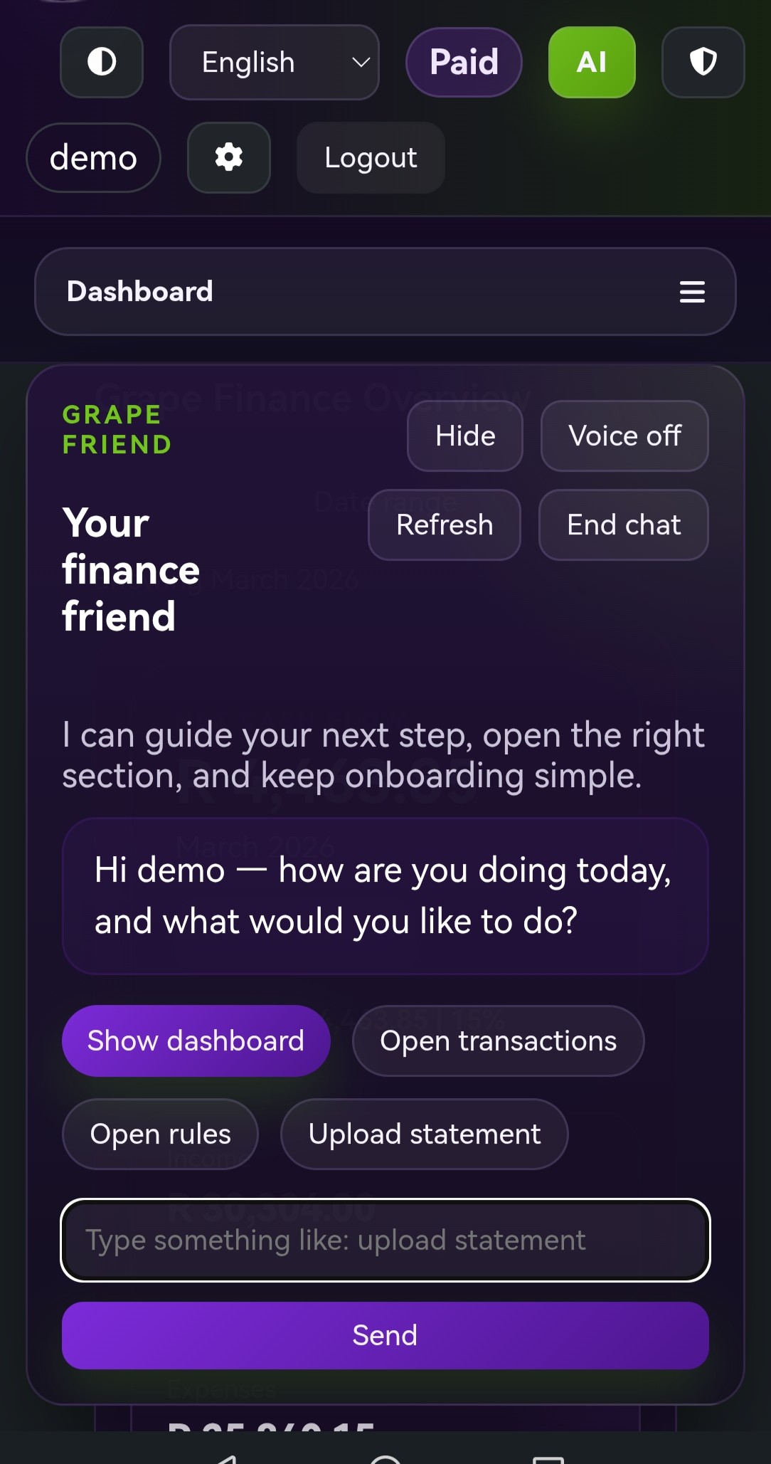 GrapeFinance mobile dashboard and insights preview.